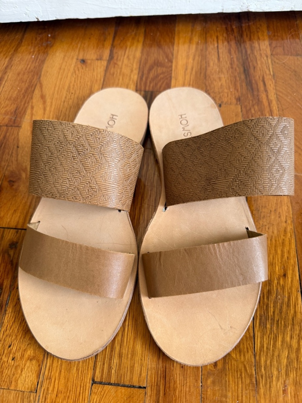 Anthropologie Howsty Tan Brown Double-Strap Slide Sandals